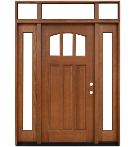 Craftsman 3 Lite Arch Stained Mahogany Wood Prehung Front Door with Sidelites and Transom