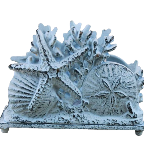 Rustic Whitewashed Cast Iron Seashell Napkin Holder 7 Inch